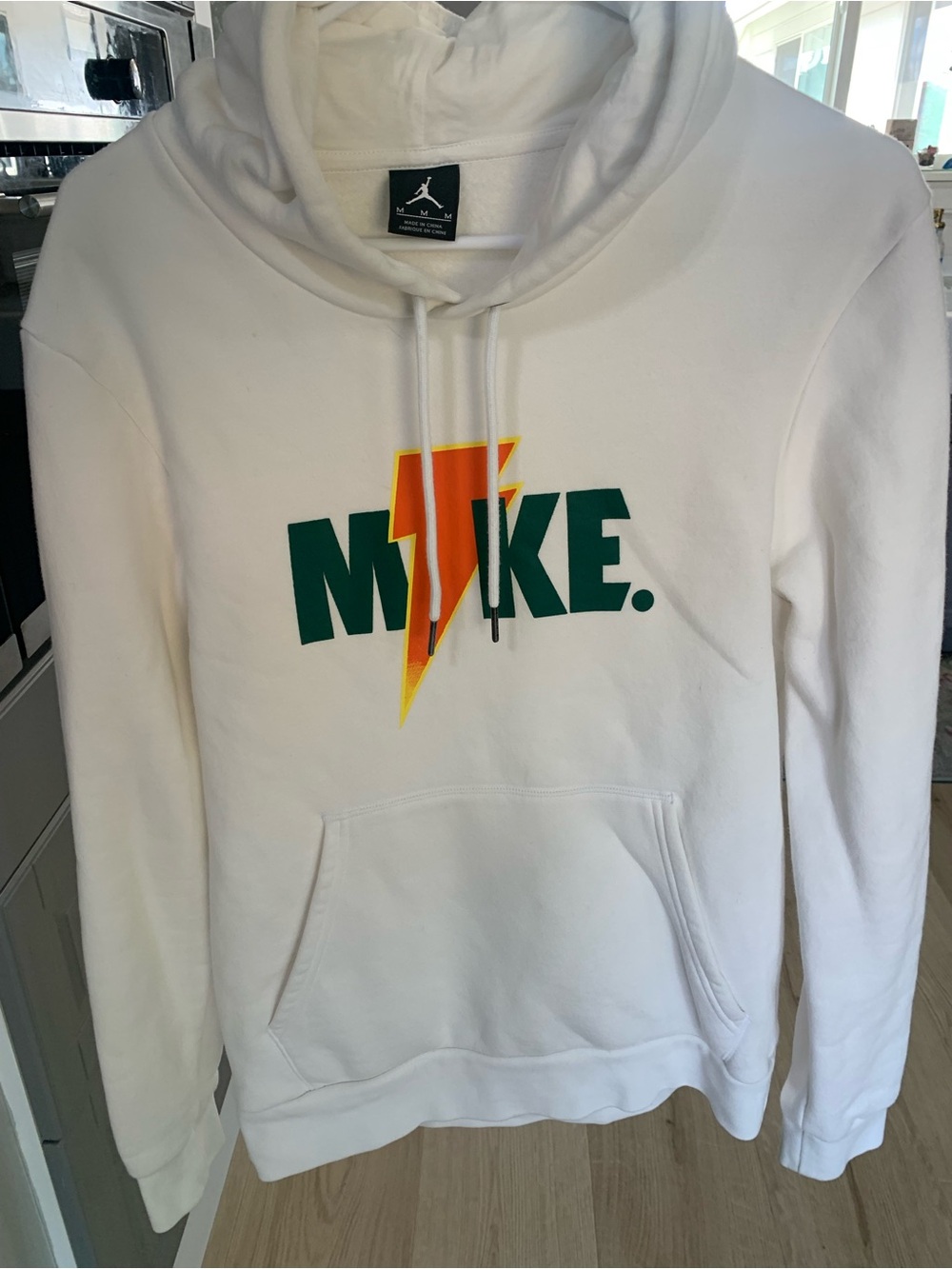 Jordan White Crewneck Hoodie with Green & Orange Logo